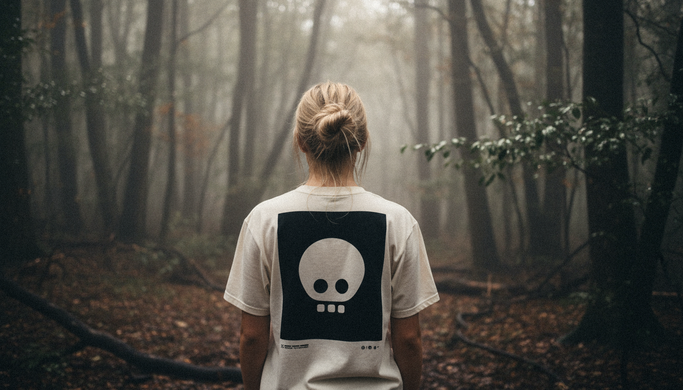 Person wearing a white t-shirt with a black skull design in a foggy forest