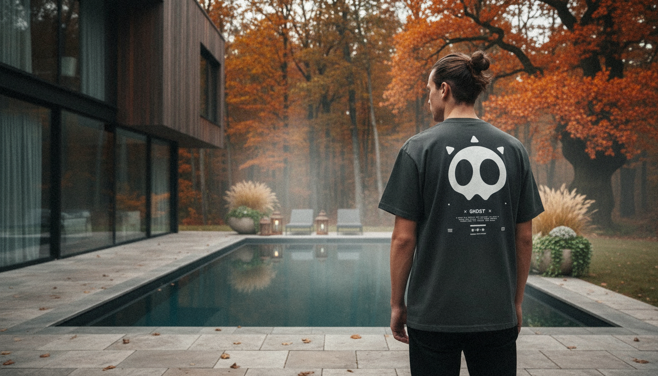 Person wearing a black t-shirt with a white logo standing by a pool with autumn trees in the background.
