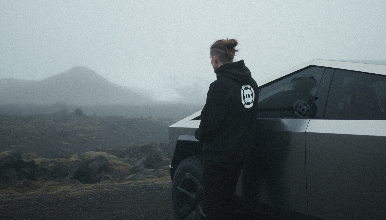 Person leaning against a car in a misty, mountainous landscape