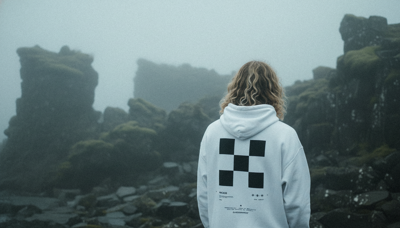 Person wearing a white hoodie with a black checkered pattern in a foggy, rocky landscape
