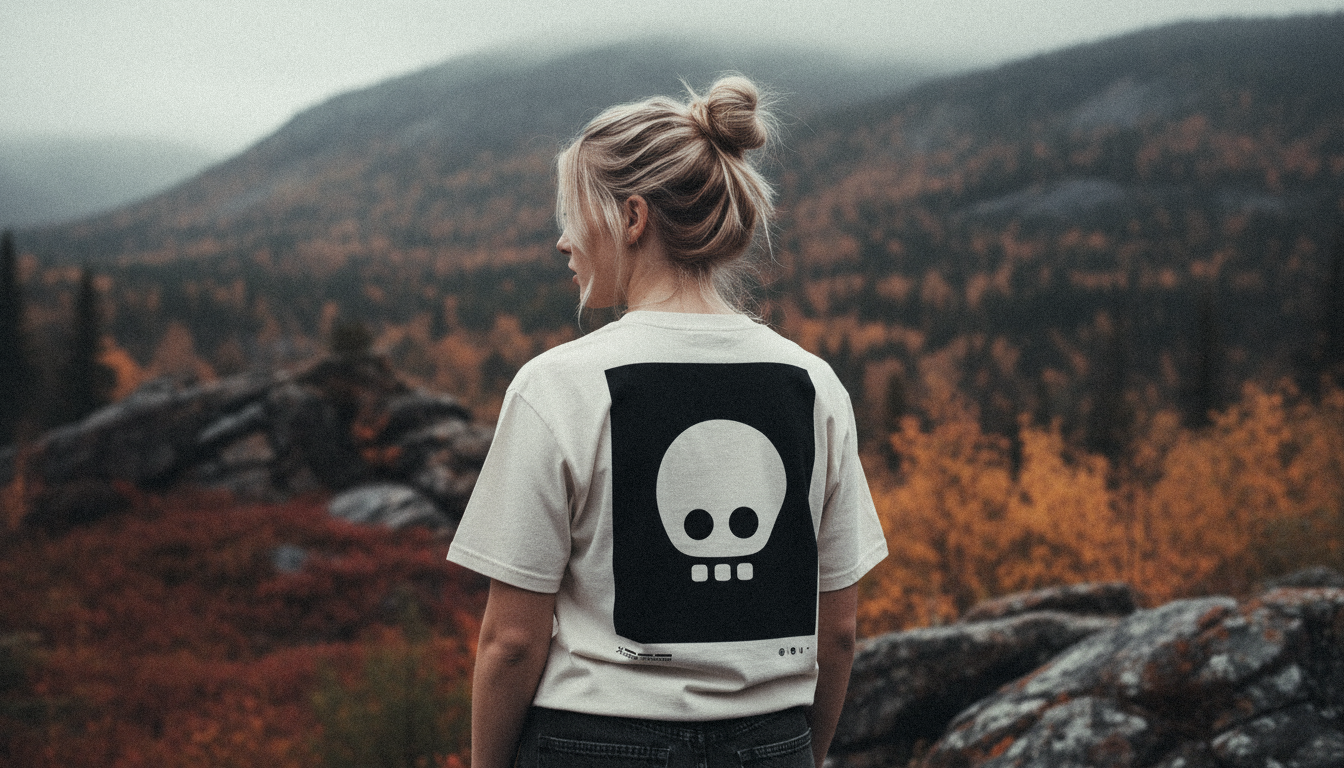 Person wearing a t-shirt with a skull design in a mountainous landscape