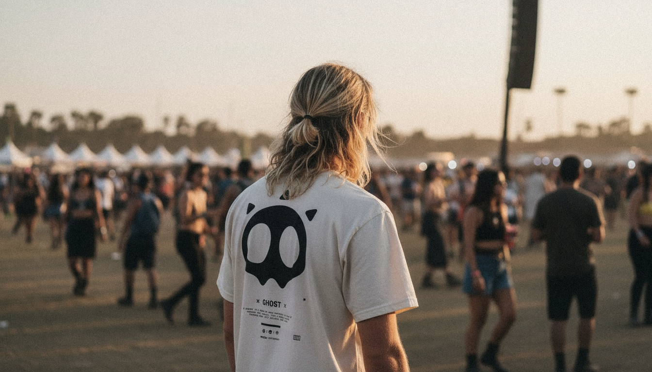 Person at a music festival wearing a white t-shirt with a black logo, facing away from the camera.